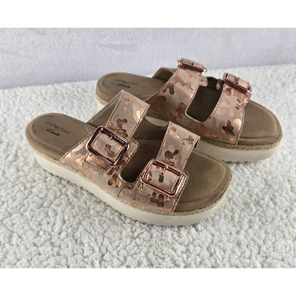 Clarks Ultimate Comfort Slide Sandal Platform Pink Gold Camouflage Leather Upper - Picture 13 of 16
